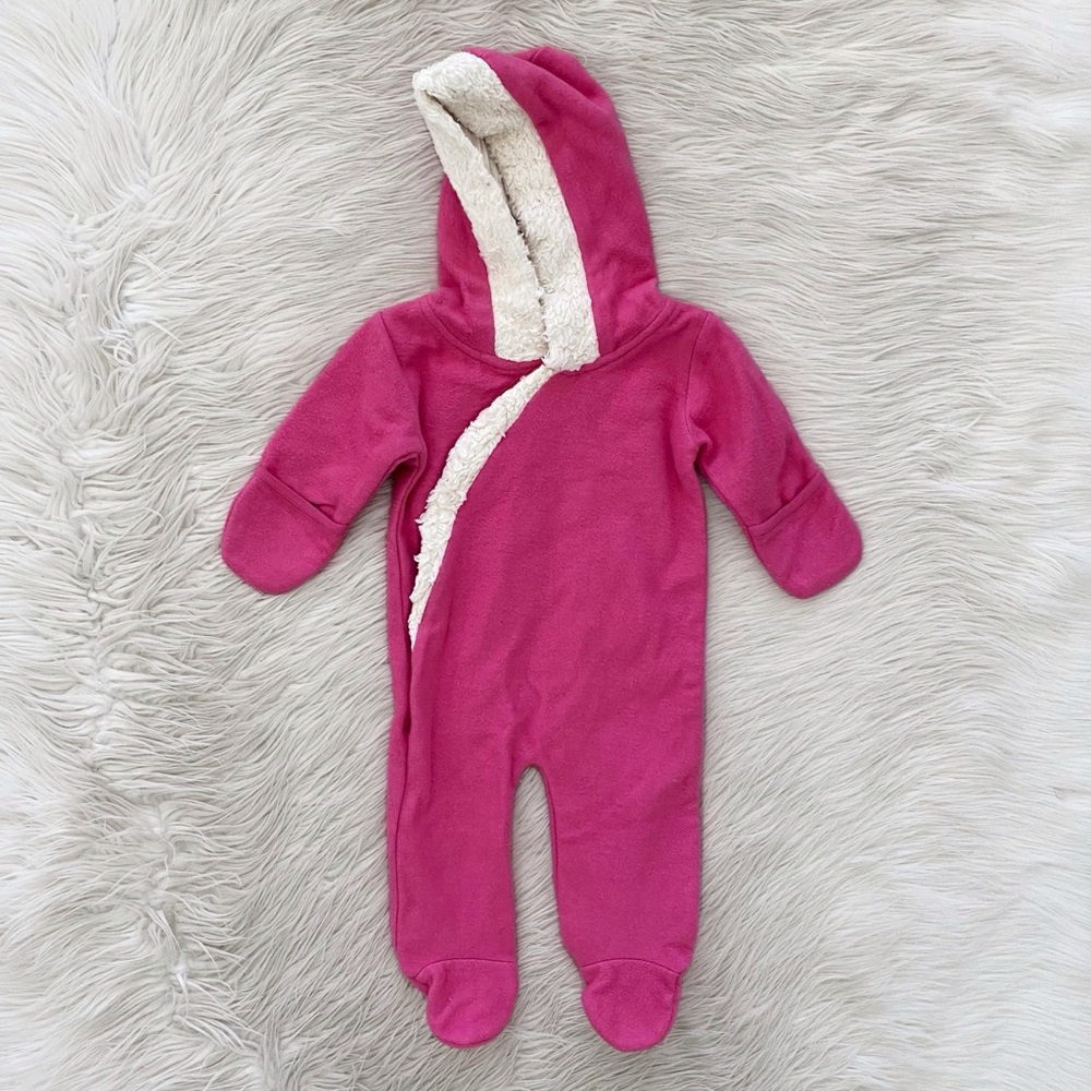 Kate Quinn Baby Girl Pink Fleece One Piece Hooded Snow Suit 0-6M Organic Cotton